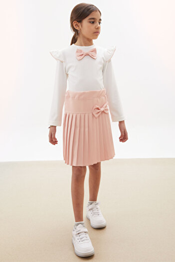 Cansın Mini Salmon Pleated Skirt Long Sleeve Badi Girl's Dress Set 17742