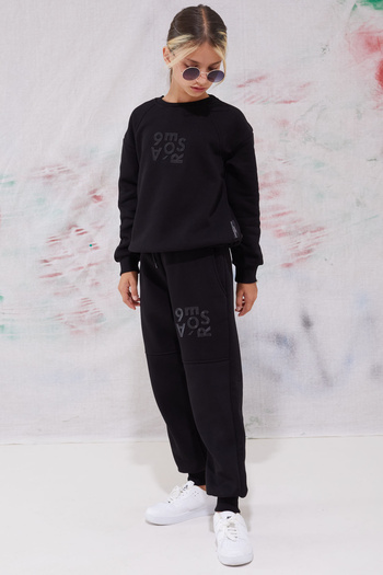 Cansın Mini Σετ φόρμας για κορίτσια με μαύρη στάμπα Crew Neck - 19342