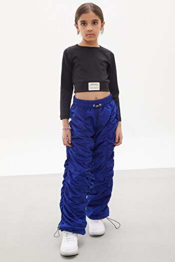 Cansın Mini Navy Blue Stripe Stitched Girl's Parachute Trousers 18006