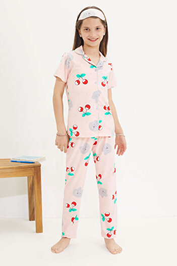 Cansın Mini Cherry Patterned Short Sleeve Girl's Eye Patch Pajamas Set 18654