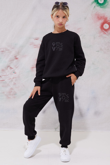 Cansın Mini Σετ φόρμας για κορίτσια με μαύρη στάμπα Crew Neck - 19342