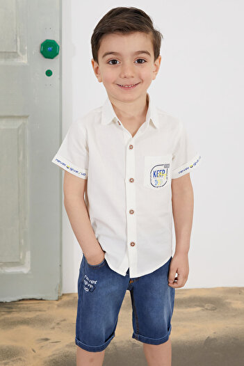 Cansın Mini White Written Short Sleeve Shirted Jean Shorts Boy's Set 18762
