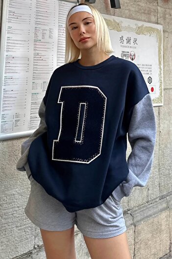 Swist Navy Blue Gray D Embroidered Garnished Women's Cotton Sweatshirt