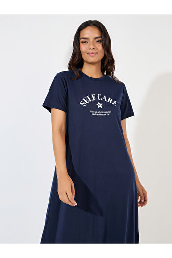 Styli Self Care Slogan Ruffle Hem Sleep T-Shirt Dress
