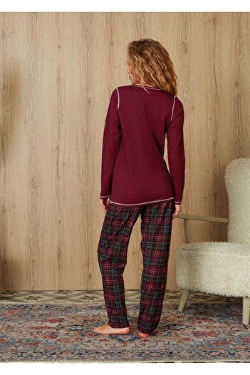 Doreanse Women's Plaid Patterned Burgundy T-Shirt Pajama Set 4174