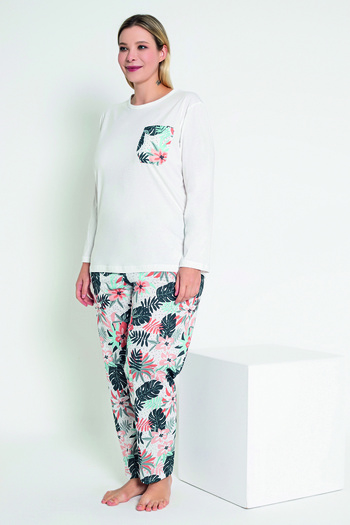 MyBen Ecru Floral Patterned Women's Pajama Set - Long Sleeve B-47