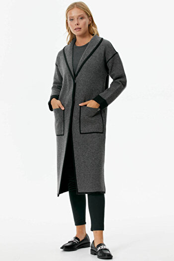 Sementa Shawl Collar Snap Fastener Long Knitwear Cardigan - Dark Gray - Black