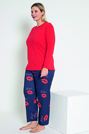 MyBen Red Kisses Printed Long Sleeve Women's Pajamas Set - B-50