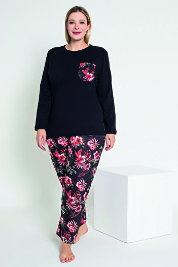 MyBen Black Floral Patterned Long Sleeve Women's Pajamas Set - B-46