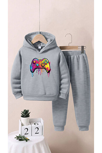 ALİKA Gray Kids Game Printed Top and Bottom Tracksuit Set
