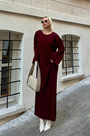 Swist Claret Red Crew Neck Hair Braided Women's Knitwear Midi Dress