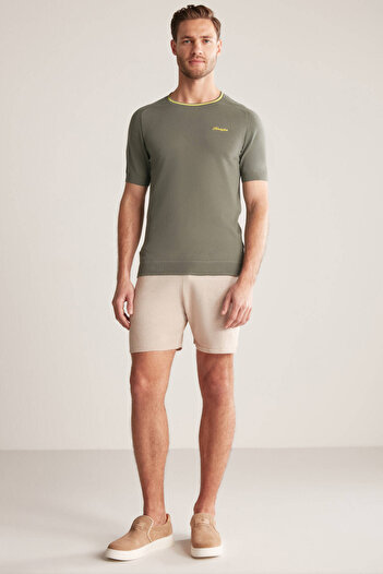 Hemington Khaki Knitwear T-Shirt with Embroidered Logo and Collar Detail