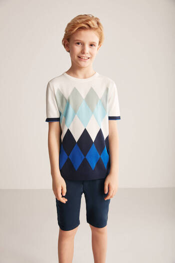 Hemington Argyle Pattern Blue-White Giza Cotton Children's Knitwear T-Shirt