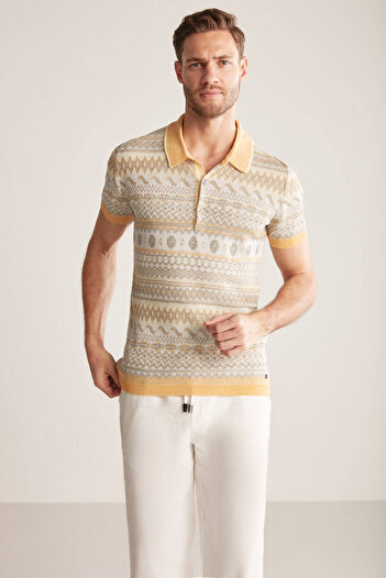 Hemington Linen Cotton Blend Ethnic Pattern Yellow-Grey Knitwear Polo