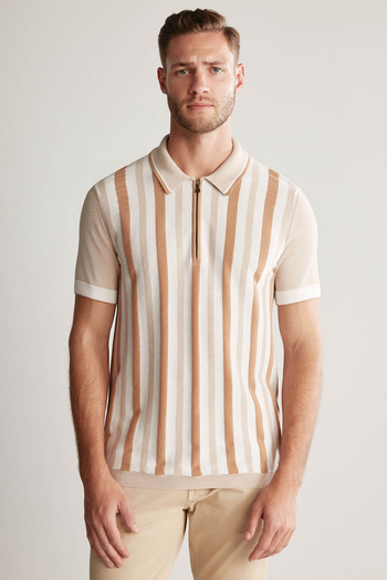 Hemington Zipper Detailed Line Pattern Cream Color Knitwear Polo