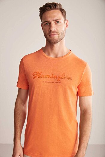 Hemington Embroidery Logo Crew Neck Orange Cotton T-Shirt