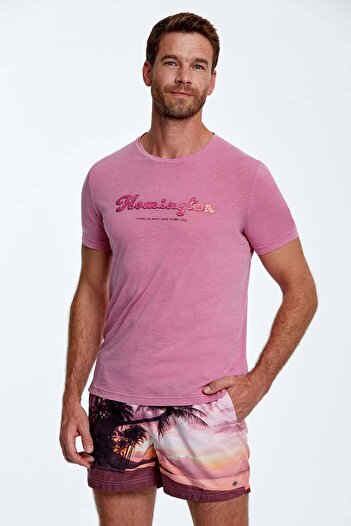 Hemington Embroidery Logo Crew Neck Pink Cotton T-Shirt