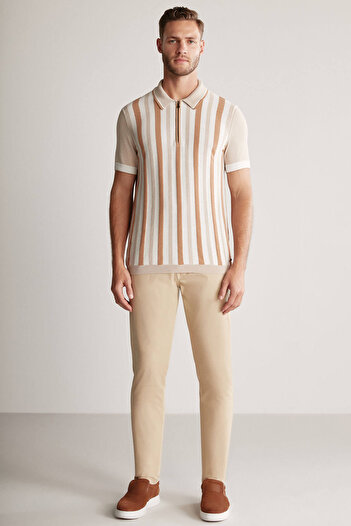 Hemington Zipper Detailed Line Pattern Cream Color Knitwear Polo