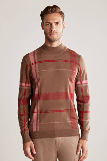 Hemington Stripe Pattern Half Turtleneck Tobacco Color Merino Wool Knitwear
