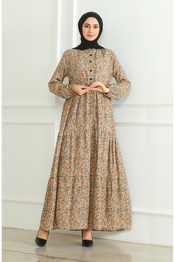 sefamerve Mink Patterned Viscose Dress - Half Button, 0500-02