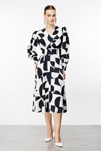 Moda İlgi Black Midi Printed Dress - Modailgi