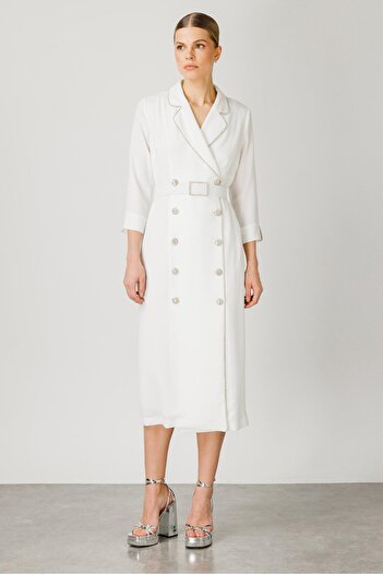 Moda İlgi Modailgi Stripe Stone Detailed Double Breasted Dress Ecru