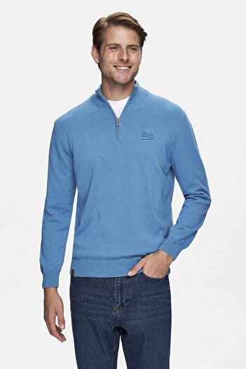 UCLA Fred Blue Half Zipper Stand Collar Embroidered Standard Fit Men's Knitwear