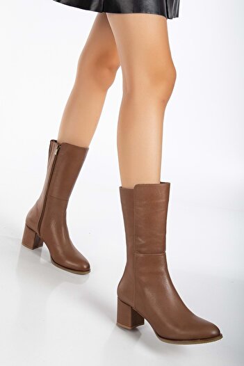 ANALİN SHOES Γυναικείες μπότες με τακούνι από γνήσιο δέρμα - καρυδιά