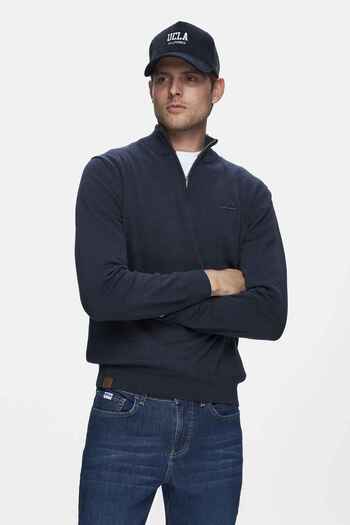 UCLA Fred Dark Navy Blue Half Zipper Stand Collar Embroidered Standard Fit Men's Knitwear