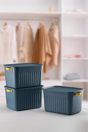 Bayev Boxs 3 Pieces Blue 15 Lt Organizer Box with Lid Storage Decorative In-Cabinet Organizer