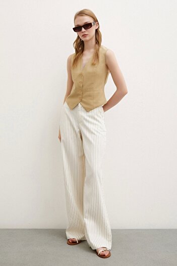 Never more High Waist Wide Leg Striped Trousers - Ecru