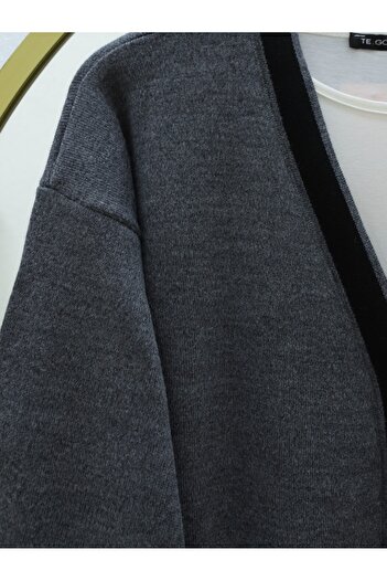 Modamorfo Metal Buttoned Pocketed Knitwear Cardigan Double Set - Smoked