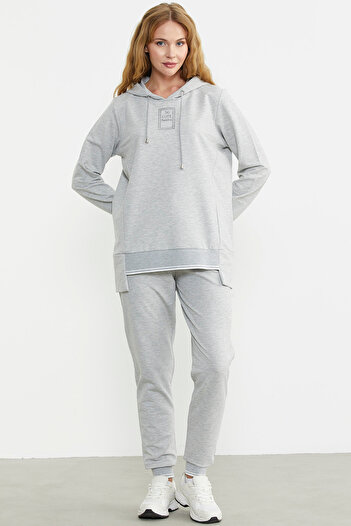 Sementa Gray Tracksuit Set - Hooded and Knitted Detail Skirt