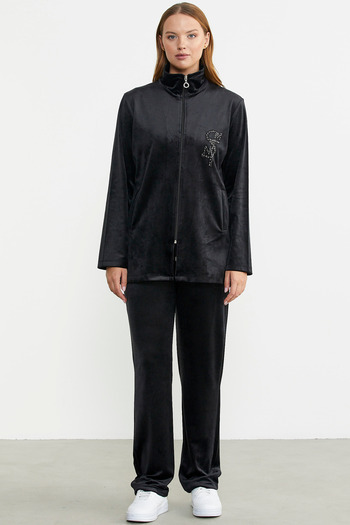 Sementa Zippered Velvet Tunic Tracksuit Set - Black