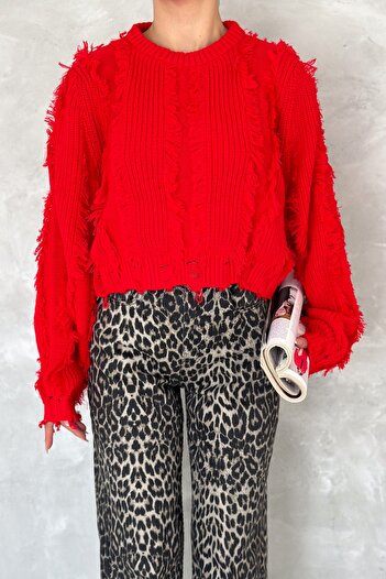 FEMELLE Women's Red Standard Size Ripped Detailed Tasseled Knitwear Sweater