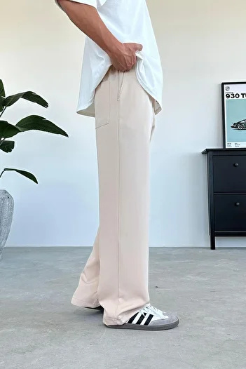 HAFKAGİYİM Beige Elastic Waist Baggy Fabric Trousers