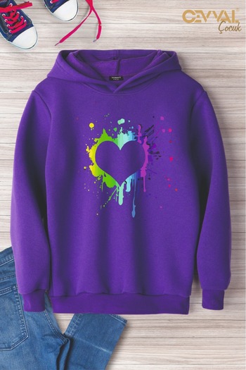 Cevval Heart Printed Hooded Oversize Kids Sweat Shirt