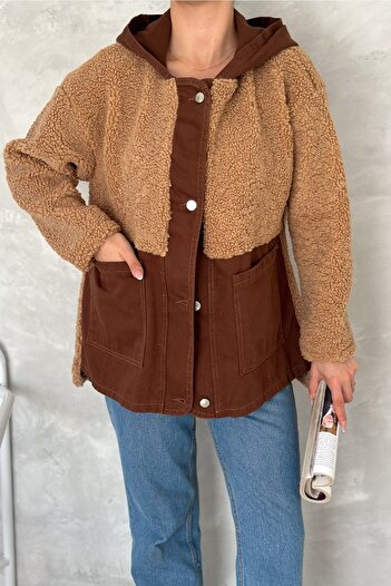 FEMELLE Women's Brown Snap Button Hooded Gabardine Plush Jacket
