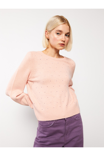 LC Waikiki Damen-Strickpullover mit Rundhalsausschnitt und Steindruck