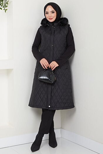 hafsamina Black Quilted Hooded Vest - Hm2539