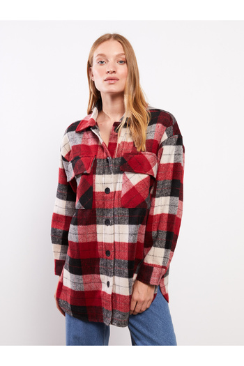 LC Waikiki Front Button Closure Plaid Long Sleeve Women's Shirt Jacket