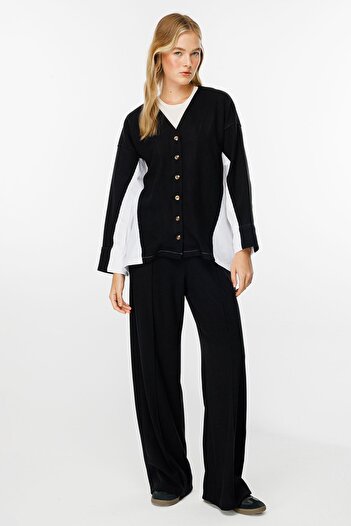 Hooopstore Poplin Knitwear Cardigan Detailed Black Trousers Set