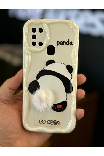 Fibaks Galaxy A21S Compatible Case Designed Patterned Camera Protection Panda White Tassel Silicone Cover
