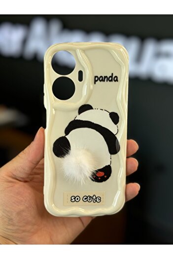 Fibaks Realme C55 Compatible Case Designed Patterned Camera Protection Panda White Tassel Silicone Cover