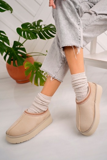 Freemax Beige Women's Mini Sabo - Guaranteed, Fur Inside, Lightweight High Sole House Slippers