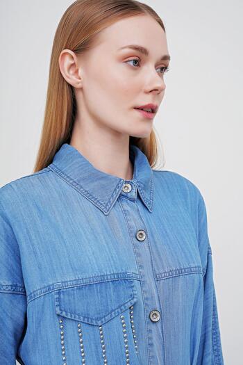 Zühre Denim Shirt Collar and Belted Waist - Wear Out Gç-0173
