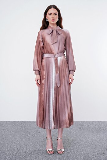Zühre Beige Long Dress - Bow Collar and Belted E-0331