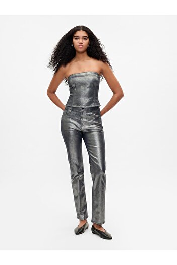 GAP Kadın Gri High Rise Metalik '90s Straight Jean Pantolon