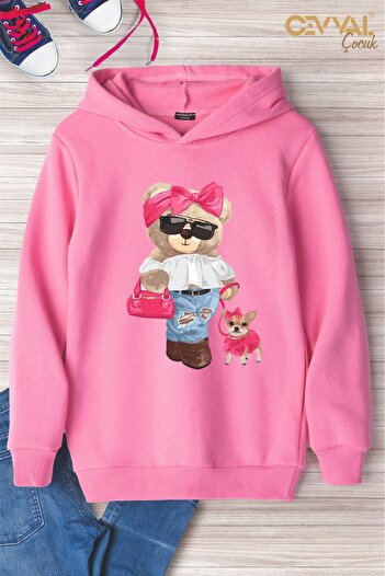 Cevval With Dog Bear Printed Hooded Oversize Kids Sweat Shirt