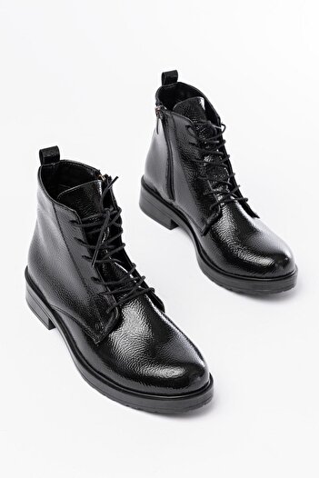 Aymood 165-225 Black Patent Leather Lace up Zippered Daily Women's Boots